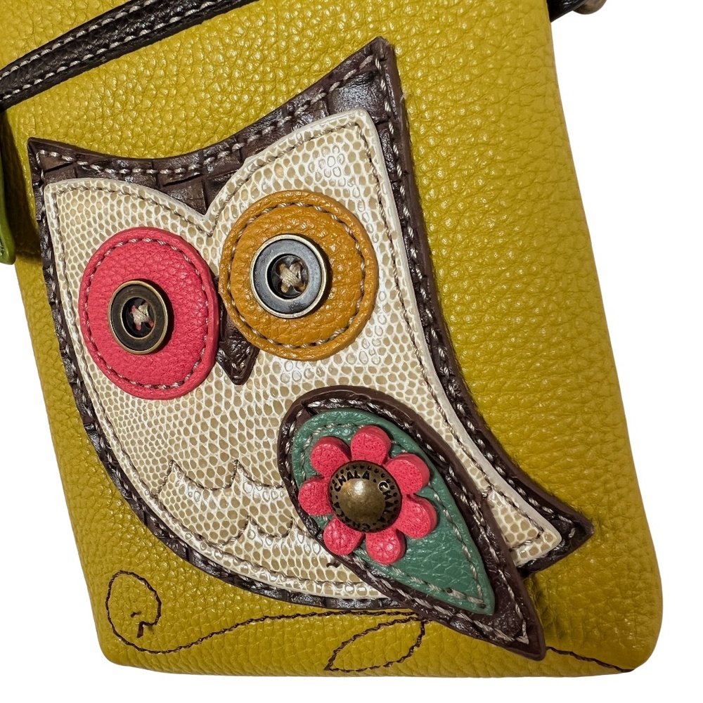CHALA Crossbody Cell Phone Gold Vegan Pebbled Leather Bag Wide Eyed Owl - Picture 11 of 14